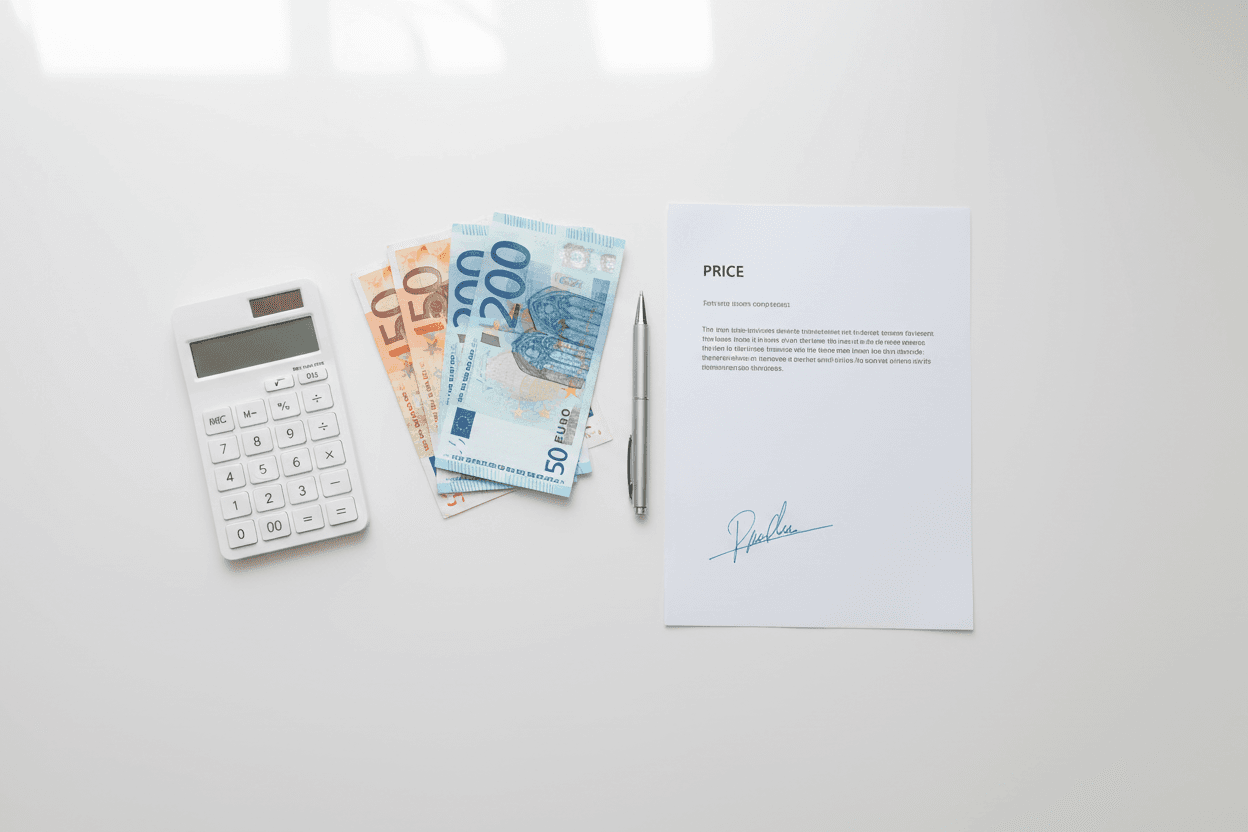 Calculatrice et billets en euros sur un bureau