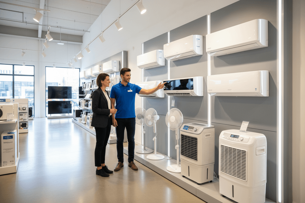 Rayon climatisation d'un magasin partenaire — vendeur et cliente devant des splits muraux